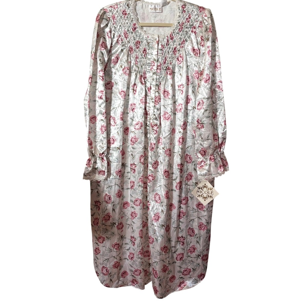Nicole Women's Nightgown Medium NWT Floral Satin Design Smocked Lace‎